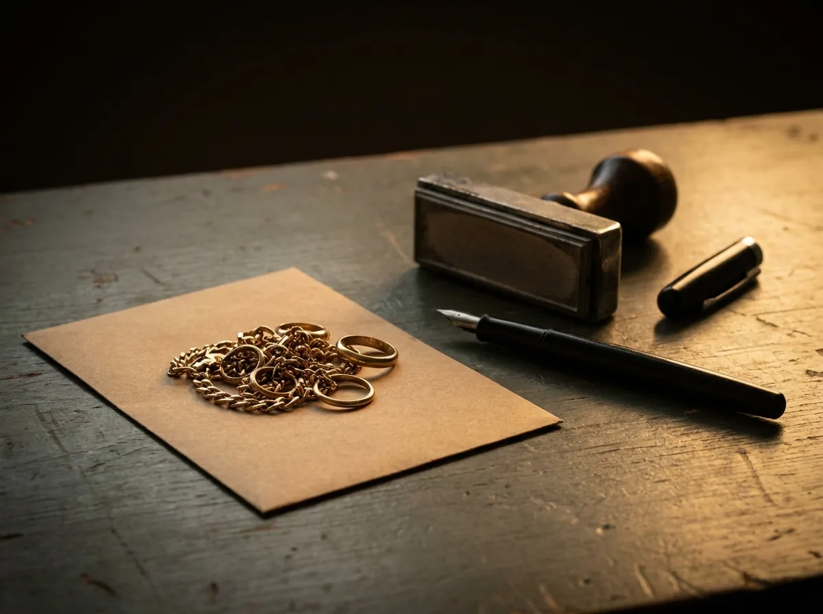 Bijoux en or et cachet administratif, illustrant la formalité douanière avant le rachat